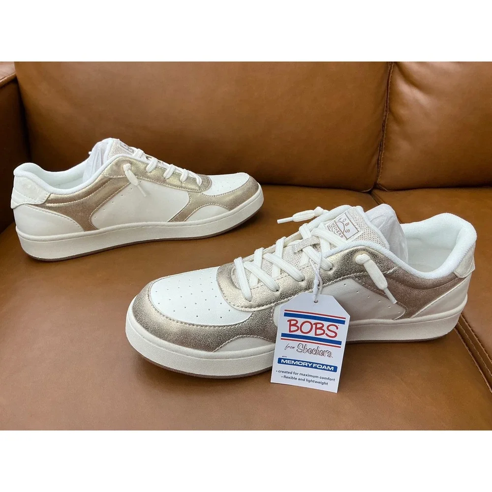 Skechers BOBS Cute Court Glitz Look Women 11 White Gold New Metallic Sneakers